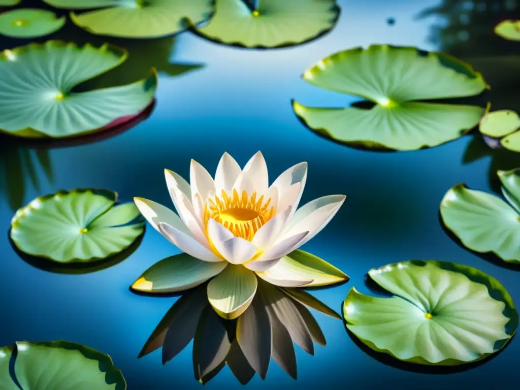 Pintura acuarela detallada de un loto delicado flotando en un estanque tranquilo, rodeado de nenúfares verdes vibrantes y reflejando el cielo azul