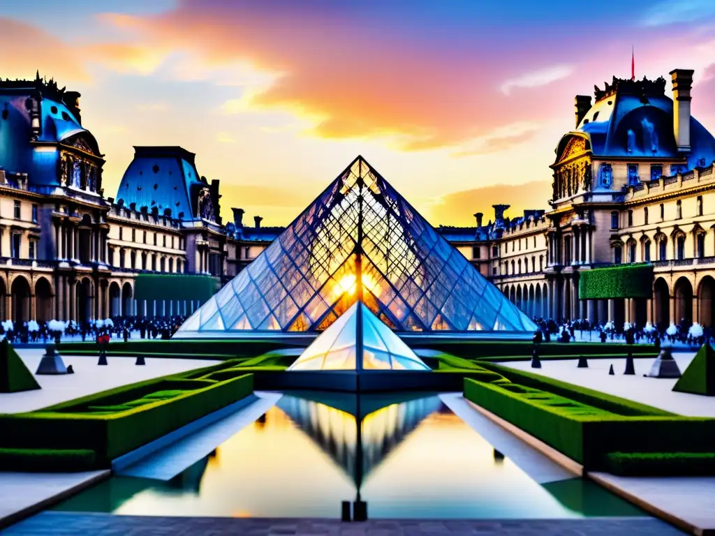 Pintura detallada del Louvre al atardecer con la pirámide de vidrio en primer plano y visitantes admirando las Obras de arte de Da Vinci