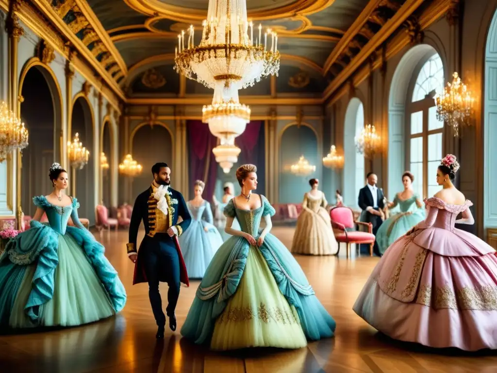 Pintura detallada de una lujosa escena de salón Rococó en la corte francesa