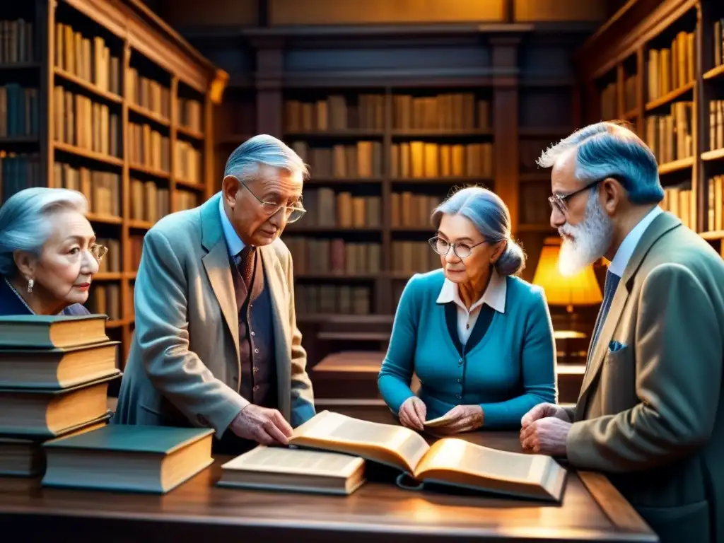 Pintura detallada de maestros ancianos rodeados de libros en una biblioteca atmosférica iluminada por una lámpara, reflejando sabiduría y resiliencia