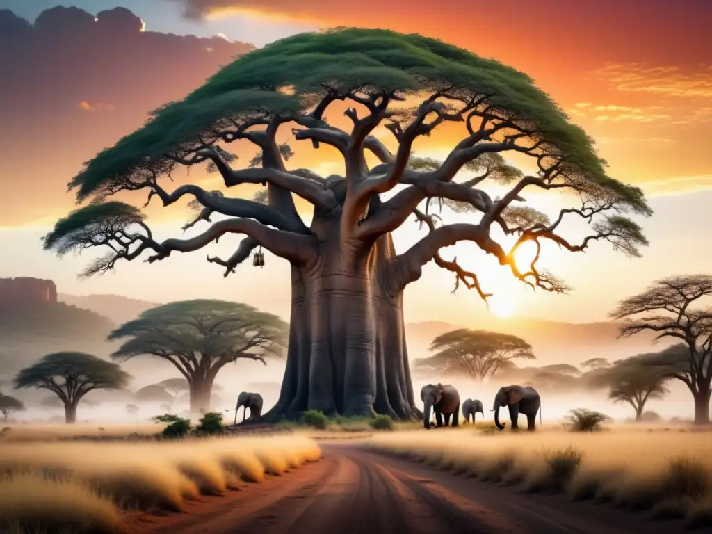 Una pintura detallada de un majestuoso baobab africano en un vibrante atardecer, fusionando colores cálidos y patrones culturales