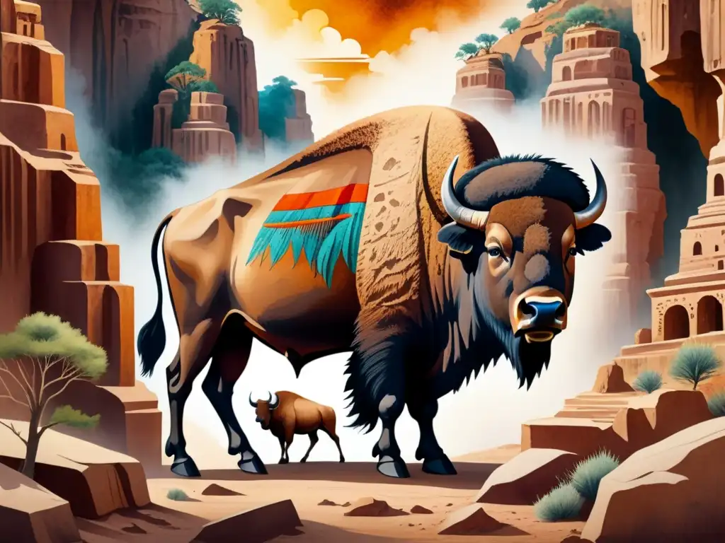 Pintura acuarela de un majestuoso bisonte en cueva ancestral Pintura acuarela detallada de un majestuoso bisonte en tonos tierra vibrantes, en cueva con símbolos antiguos y huellas de manos