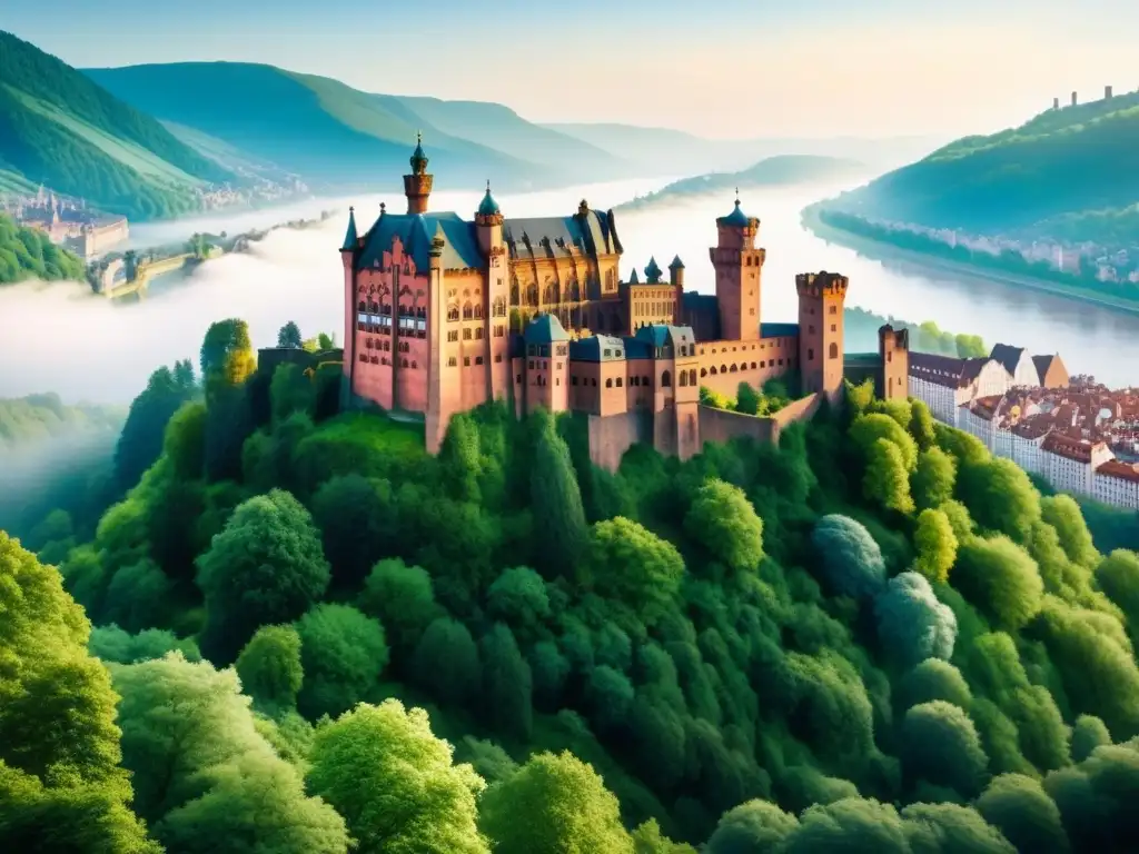 Pintura detallada del majestuoso Castillo de Heidelberg en estilo renacentista, con vistas a la ciudad y rodeado de exuberante vegetación