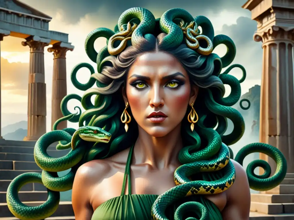 Una pintura detallada de Medusa, con serpientes en su cabello y mirada feroz