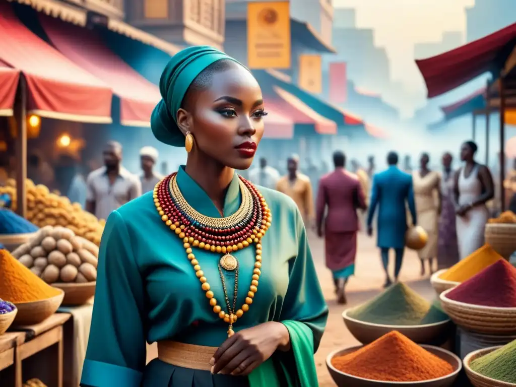 Pintura acuarela detallada en 8k de mercado africano vibrante con intersección arte africano moderno