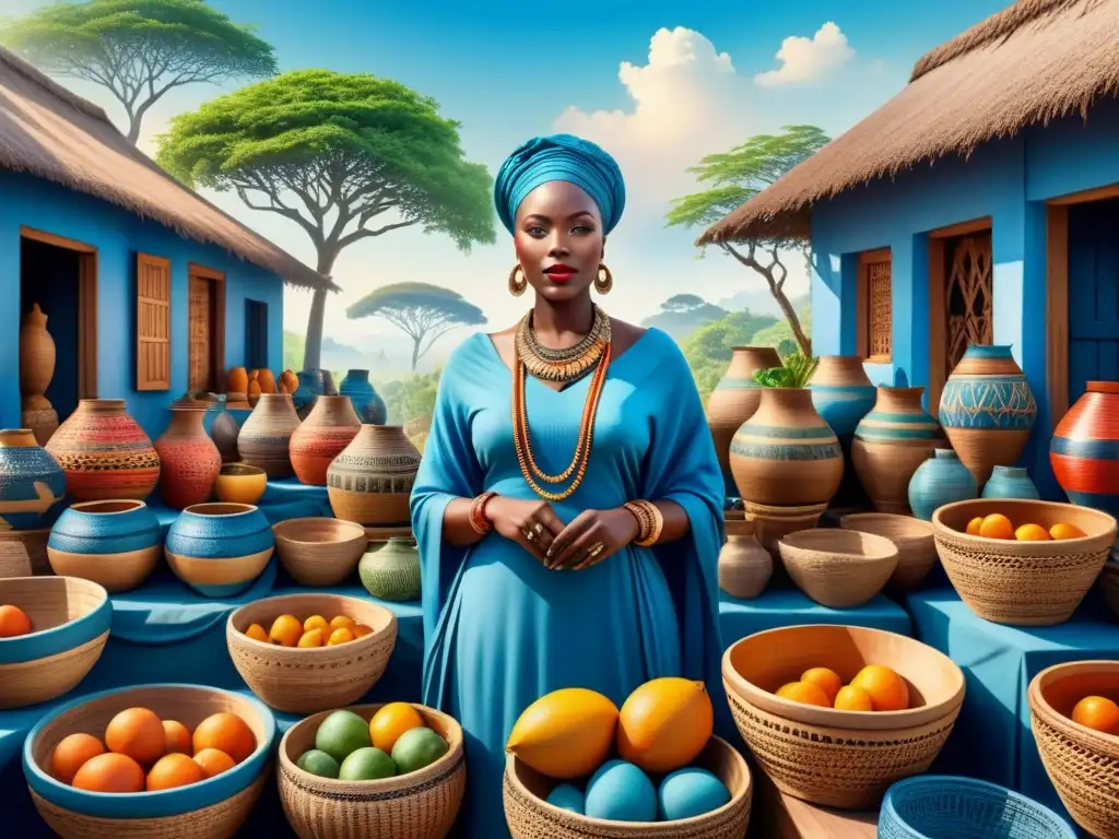 Pintura acuarela detallada de mercado africano vibrante con cestas, máscaras de madera y cerámica, bajo cielo azul y vegetación exuberante