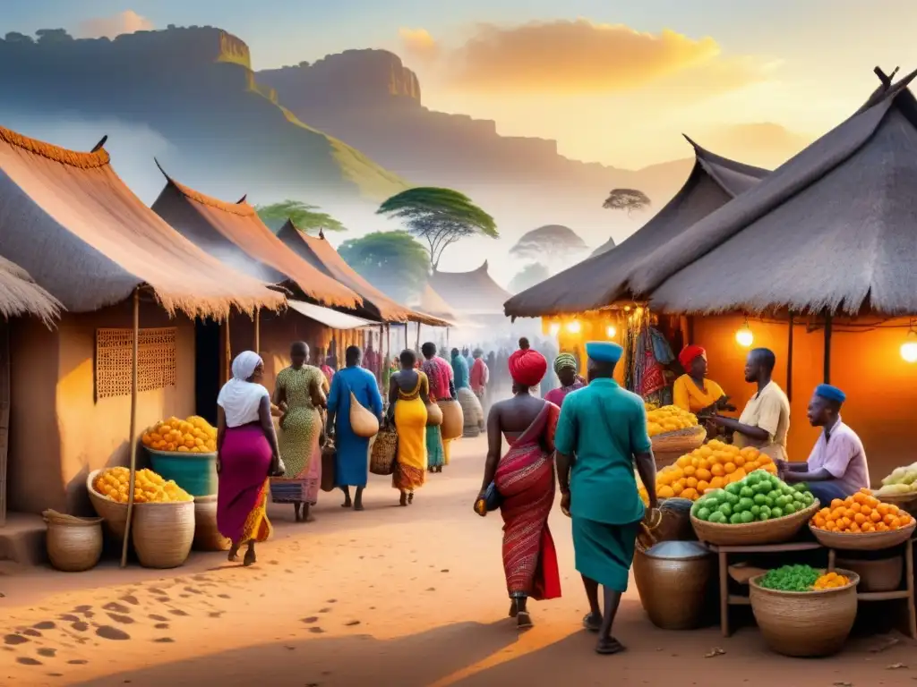 Pintura detallada de mercado africano con colores vibrantes y ambiente bullicioso, reflejando la influencia del entorno en estética africana