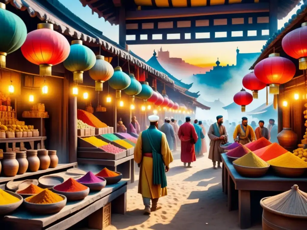 Pintura acuarela detallada de un mercado antiguo con colores vibrantes e historia pigmentos colores arte visual