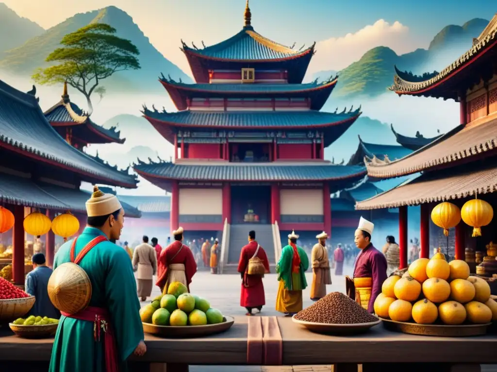 Pintura acuarela detallada de mercado asiático tradicional con gente y templos, frutas exóticas y montañas