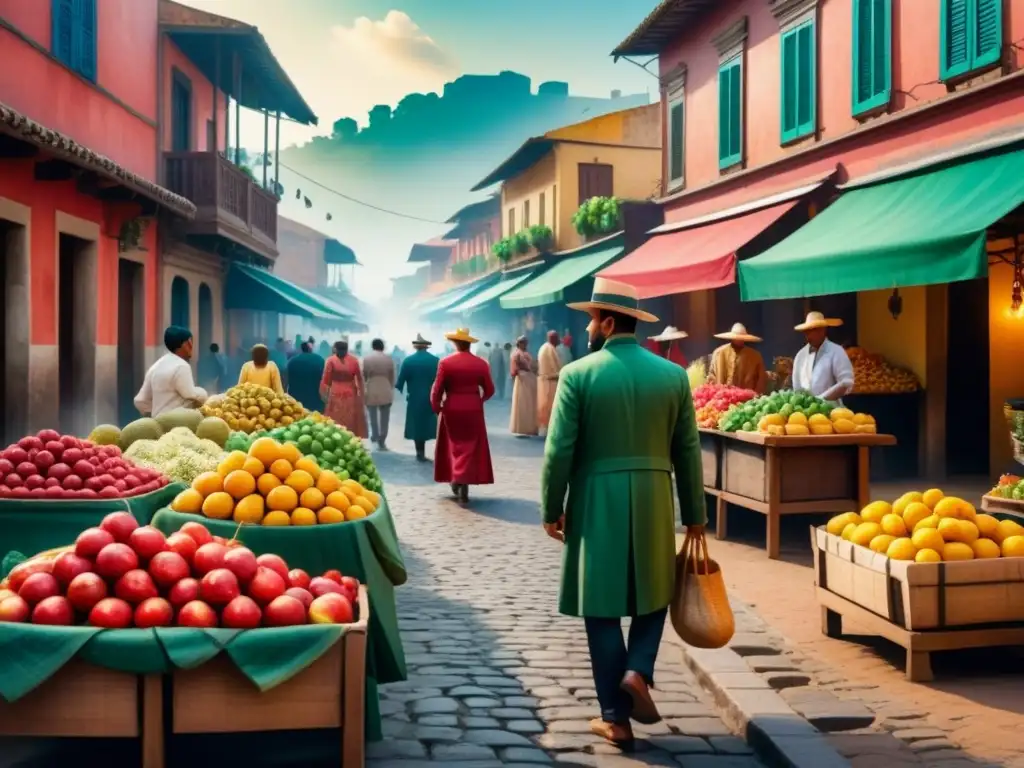 Pintura detallada de mercado callejero latinoamericano con vibrantes colores y edificios coloniales