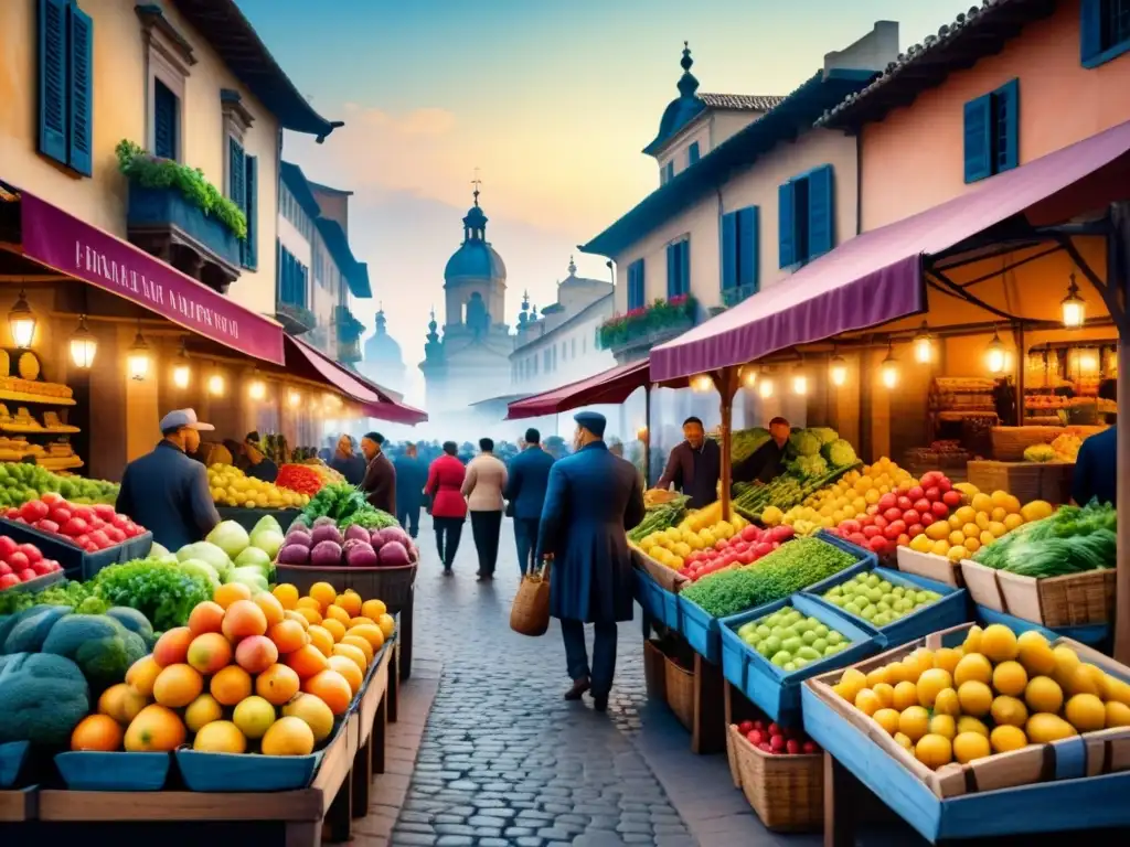 Pintura detallada de mercado en ciudad barroca