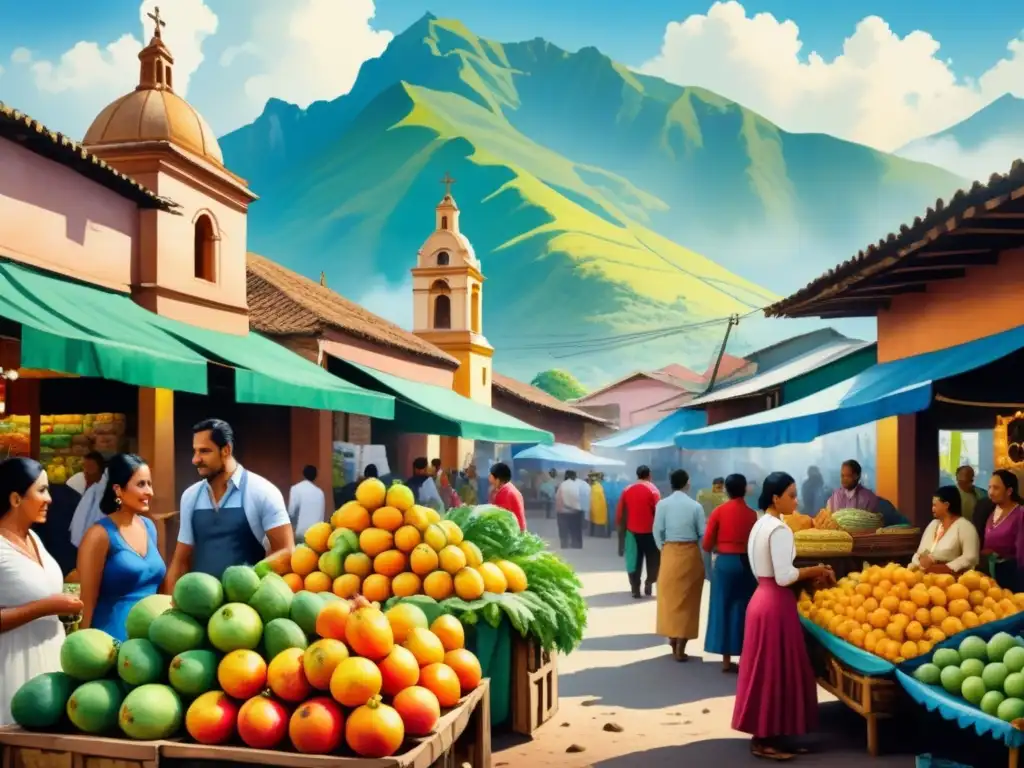 Pintura acuarela detallada de un mercado colombiano vibrante, fusionando elementos indígenas y urbanos