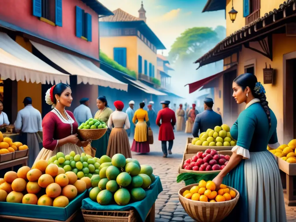 Pintura acuarela detallada de un mercado colonial en el Nuevo Mundo