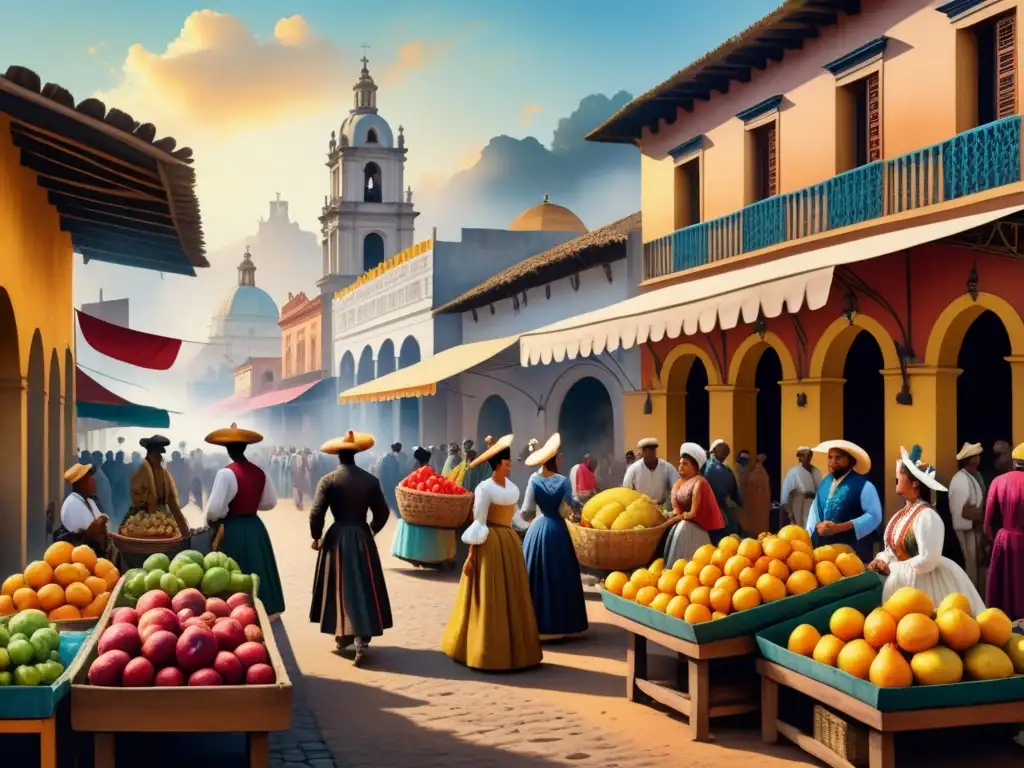 Pintura acuarela detallada de un mercado colonial latinoamericano, con vendedores indígenas, colonizadores españoles y esclavos africanos