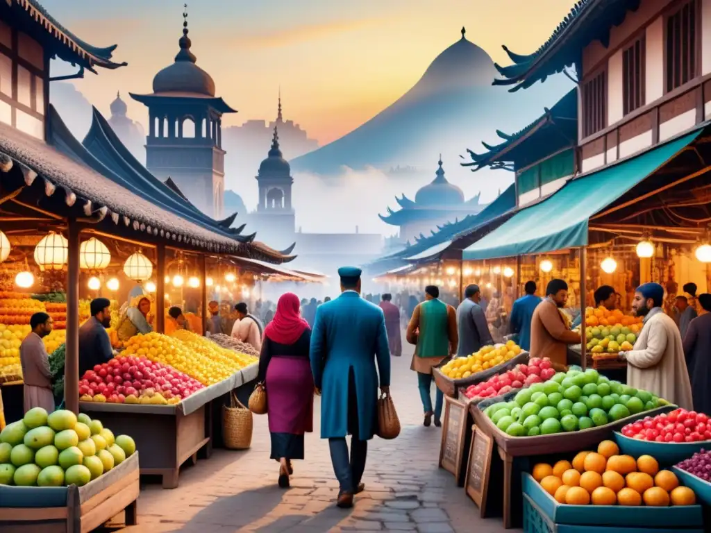 Pintura detallada de mercado histórico, con frutas, textiles y arquitectura diversa