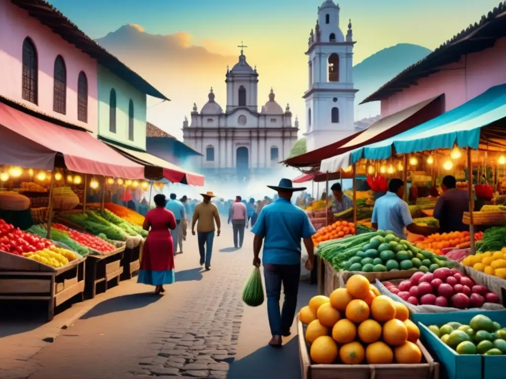 Pintura acuarela detallada de mercado latinoamericano vibrante con puestos de productos frescos y artesanías hechas a mano