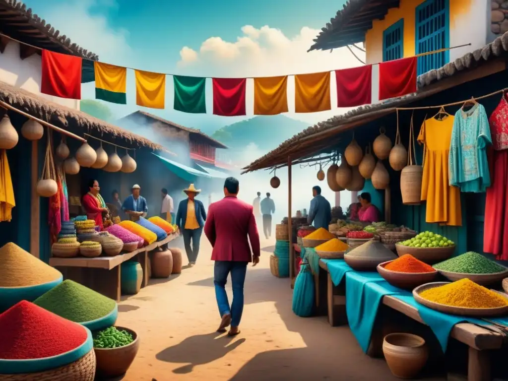 Pintura detallada de mercado latinoamericano con textiles y cerámica tradicional