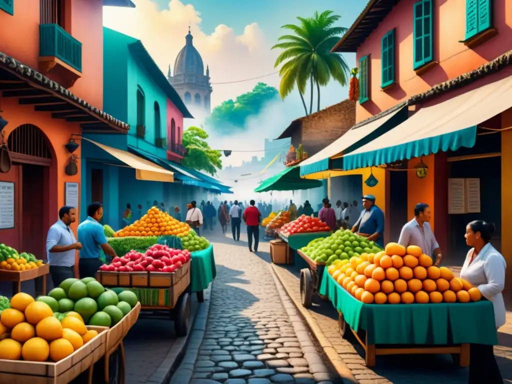 Pintura detallada de mercado latinoamericano con frutas exóticas y textiles tradicionales