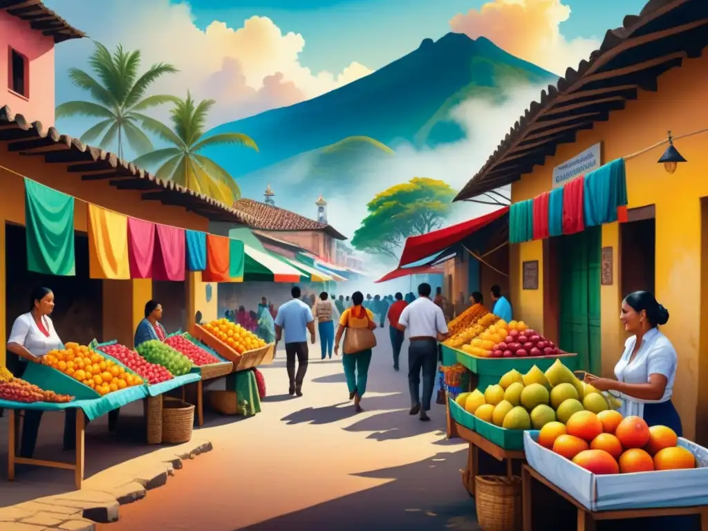 Pintura acuarela detallada de mercado latinoamericano vibrante con puestos de artesanías y frutas exóticas