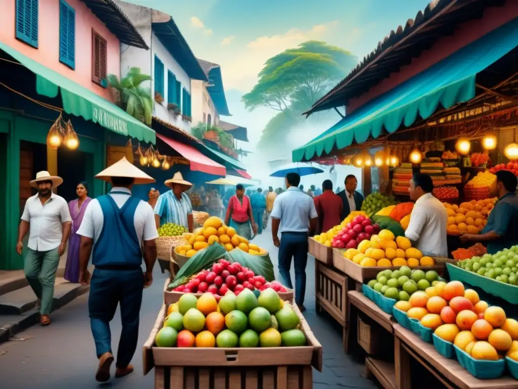 Pintura detallada de mercado latinoamericano, coloridas frutas y textiles, vendedores animados