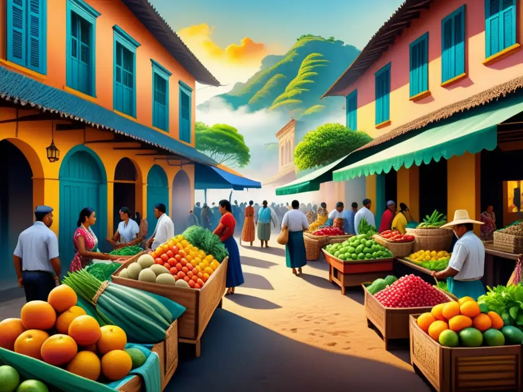 Pintura detallada de un mercado latinoamericano, con textiles vibrantes, frutas y verduras coloridas, artesanos locales y arquitectura colonial