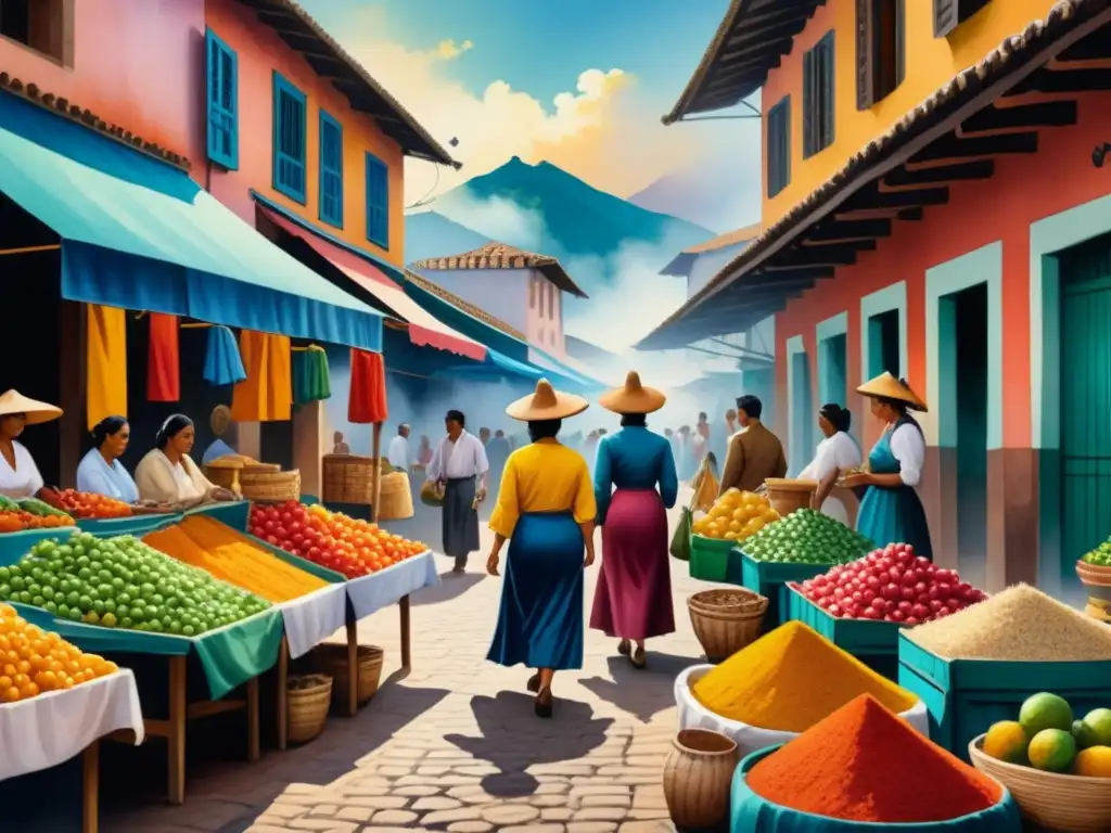 Pintura detallada de un mercado latinoamericano con influencia europea en arte latinoamericano