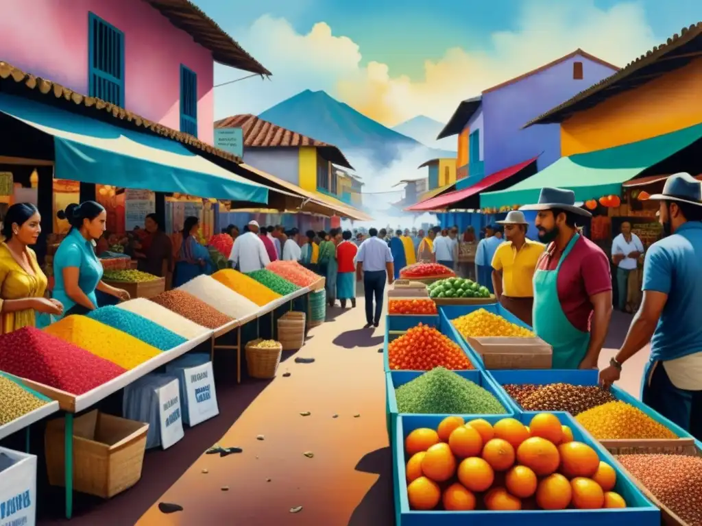 Una pintura detallada de un mercado latinoamericano vibrante, con materiales no tradicionales utilizados por artistas contemporáneos