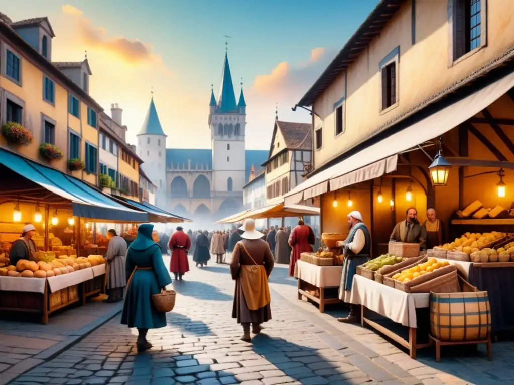 Pintura detallada de mercado medieval bullicioso, con mercaderes vendiendo, clientes admirando y arquitectura gótica