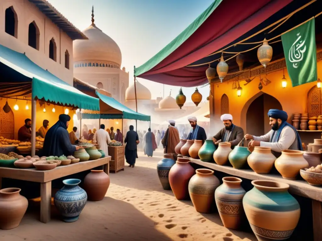 Pintura detallada de mercado en Medio Oriente con colores vibrantes, artesanía y música