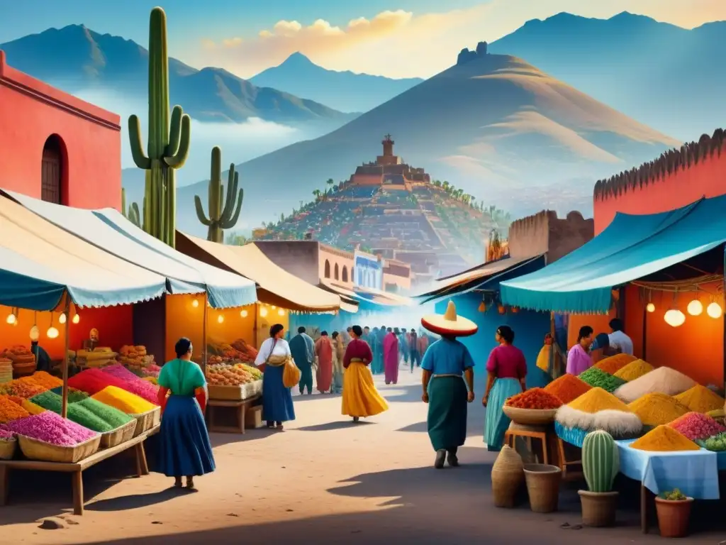 Pintura acuarela detallada de mercado mexicano vibrante