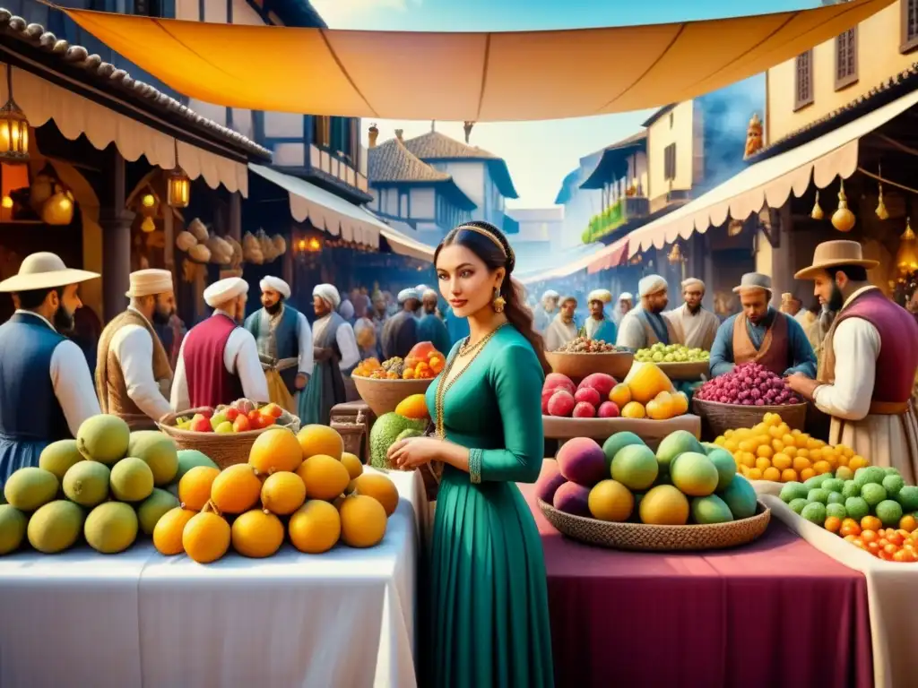 Pintura detallada de mercado renacentista a manierismo, con telas coloridas, frutas exóticas y joyas, artistas creando esculturas y pinturas