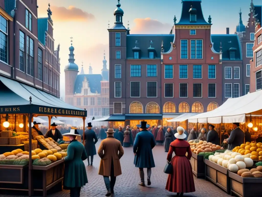 Pintura detallada del mercado frente al Rijksmuseum durante el Siglo de Oro holandés, mostrando la bulliciosa actividad y la arquitectura icónica