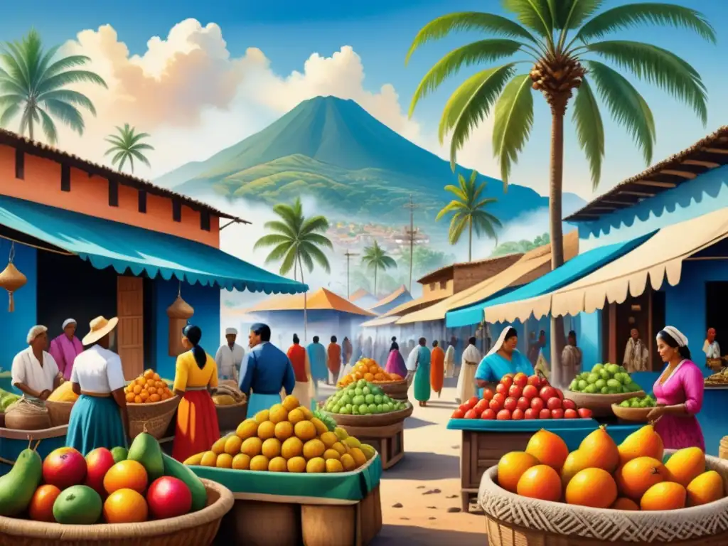 Pintura acuarela detallada de mercado vibrante en pueblo histórico de América Latina, con textiles, cerámica y frutas coloridas