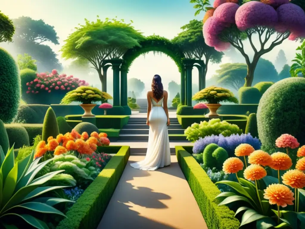 Pintura detallada de jardín modernista con arreglos florales intrincados y estatuas rodeadas de vegetación exuberante