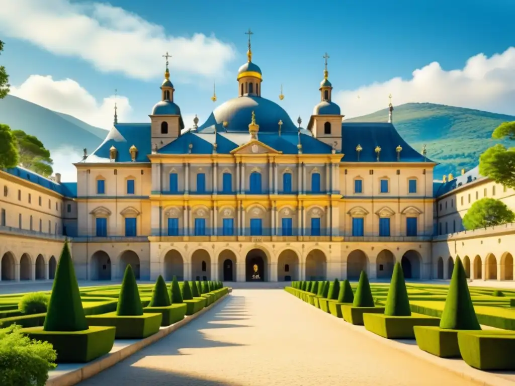 Pintura detallada del Monasterio de El Escorial en España, resaltando su arquitectura renacentista rodeada de vegetación