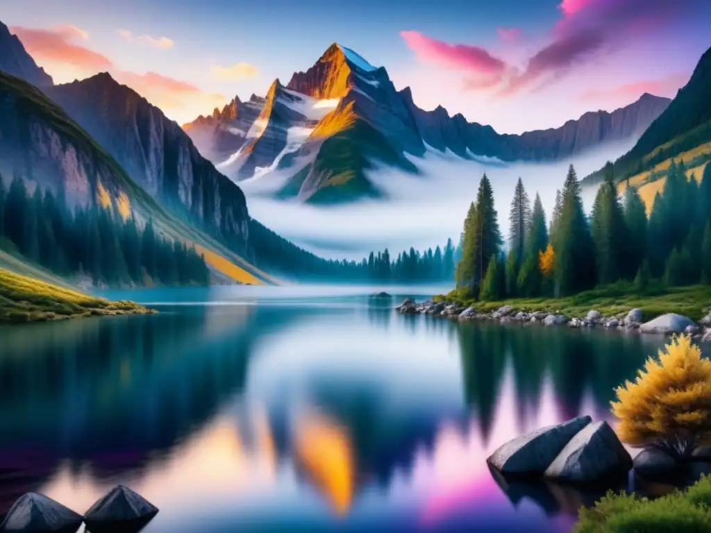 Pintura detallada de montañas al atardecer con cielo rosado, reflejadas en lago alpino