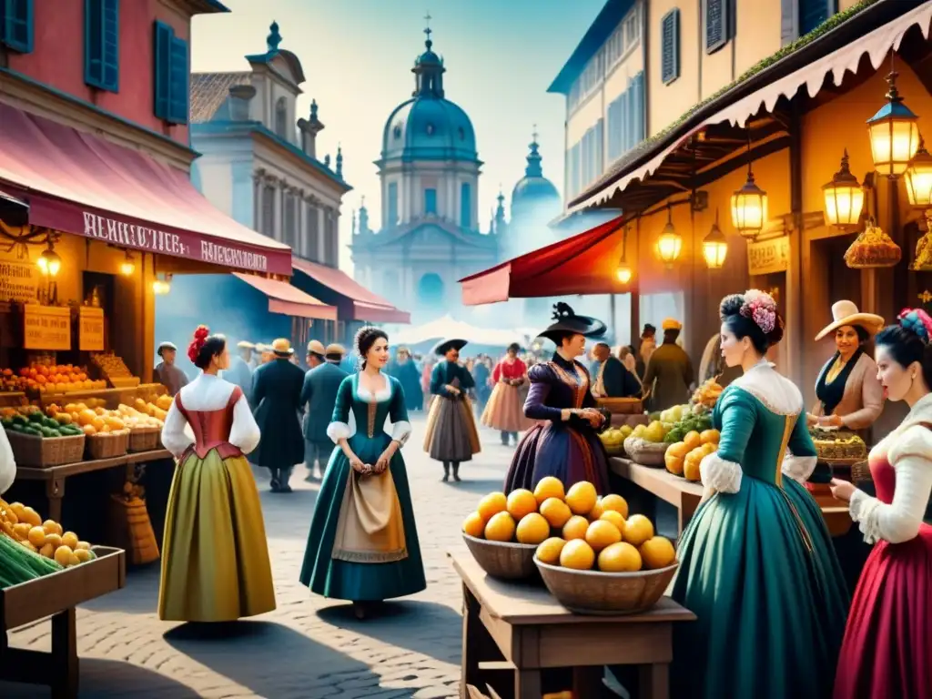 Pintura acuarela detallada de mujeres en un bullicioso mercado de plaza barroca, reflejando su papel en sociedad y arte