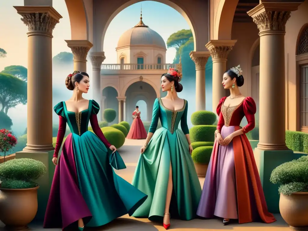 Pintura acuarela detallada de mujeres elegantes en vestidos manieristas rodeadas de elementos arquitectónicos y jardines exuberantes