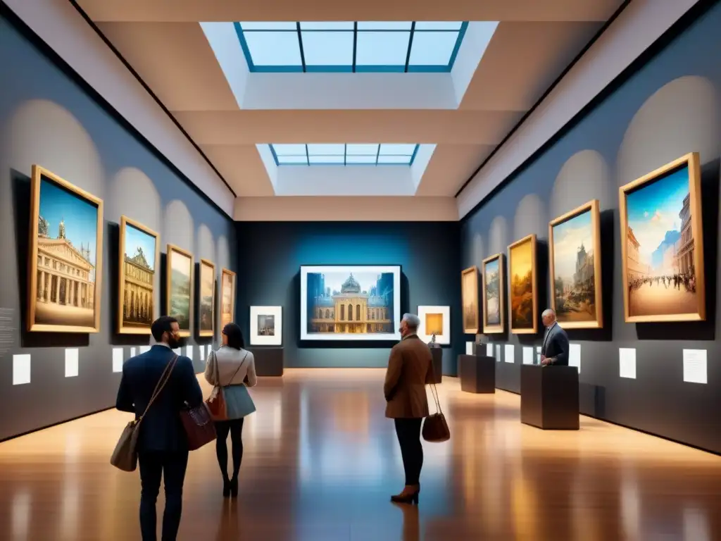 Una pintura detallada de un museo lleno de arte clásico y pantallas digitales con NFT