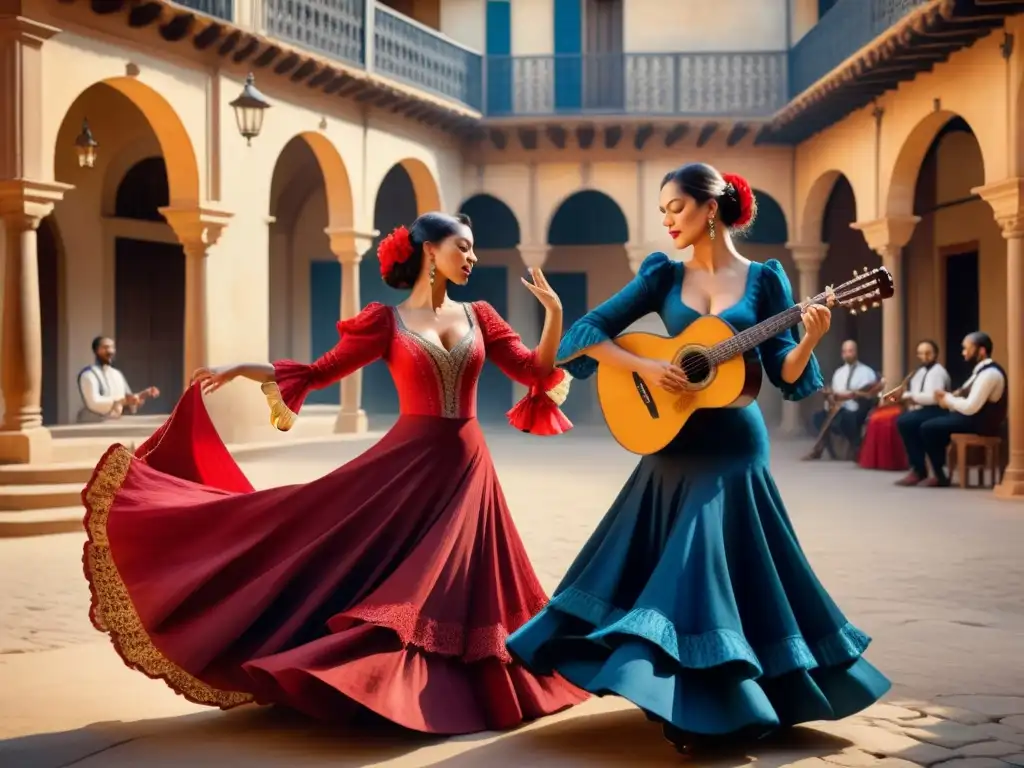 Pintura detallada de músicos flamencos del Renacimiento Pintura detallada de músicos flamencos del Renacimiento en un patio adornado, destacando la maestría y pasión en sus técnicas