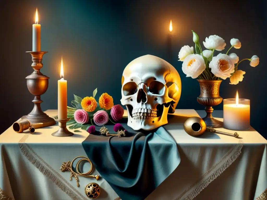 Una pintura detallada de una naturaleza muerta barroca vanitas, con objetos simbólicos como flores marchitas, relojes de arena, calaveras y velas encendidas, sobre un mantel texturizado en una habitación tenue