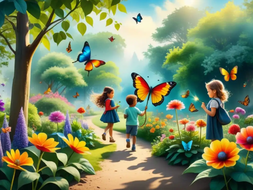 Pintura detallada de niños jugando en un jardín vibrante con flores y mariposas