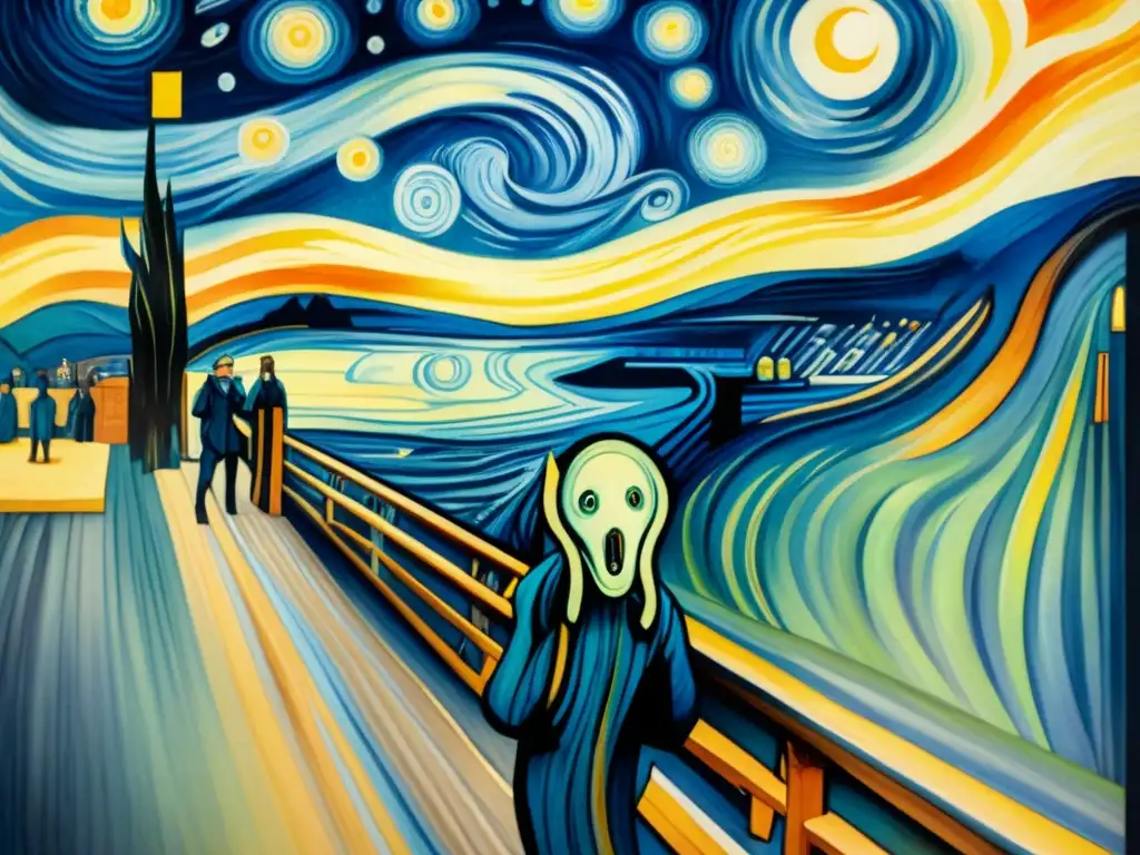 Pintura acuarela detallada fusiona 'La noche estrellada' de Van Gogh con 'El grito' de Munch, simbolizando la transición e influencia del Postimpresionismo al Expresionismo