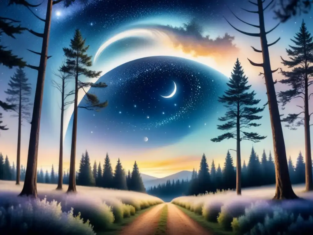 Pintura detallada de una noche estrellada con galaxias, estrellas y una luna creciente