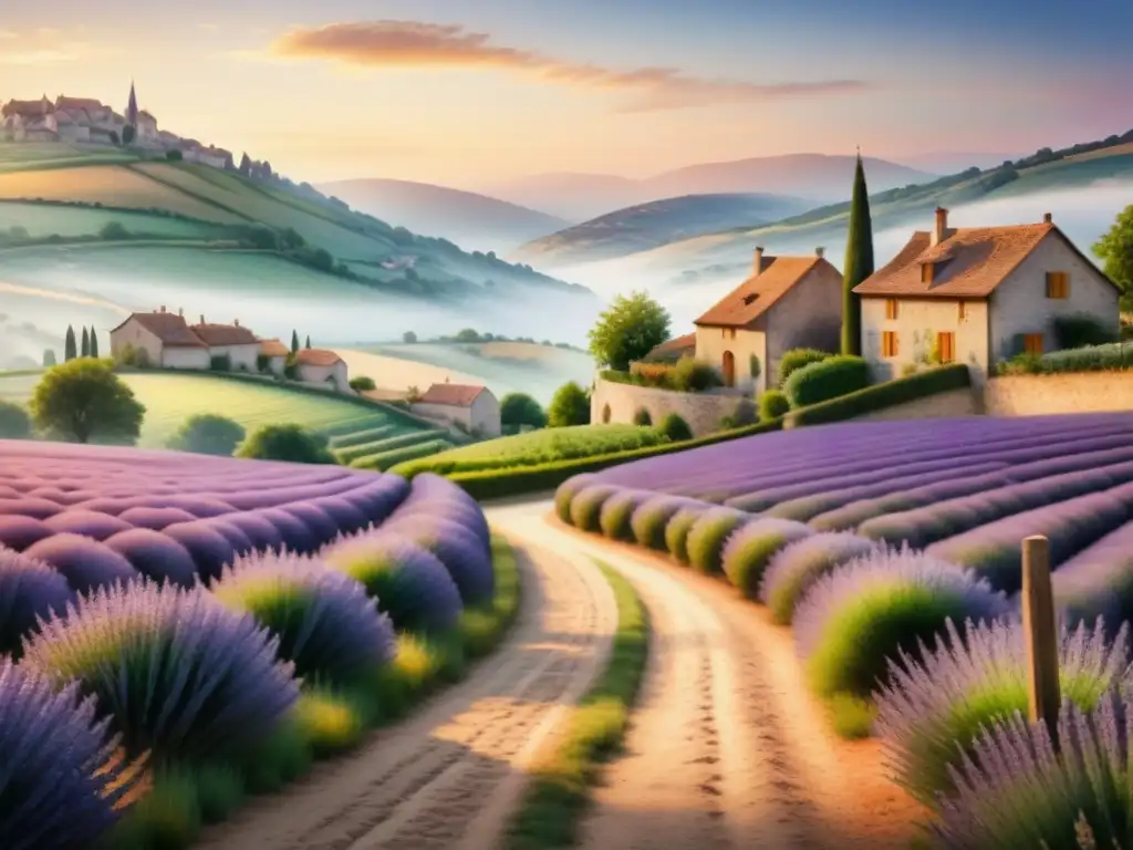 Pintura detallada al óleo de un apacible pueblo francés entre campos de lavanda y viñedos al atardecer