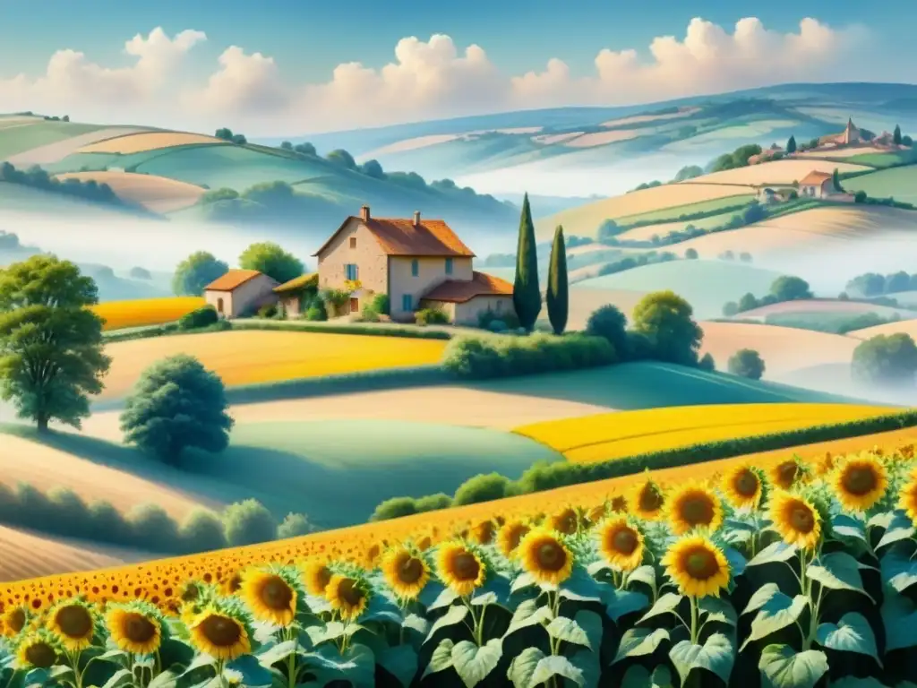 Una pintura detallada al óleo de un sereno paisaje campestre francés, con colinas, girasoles, una casa de piedra y un cielo azul