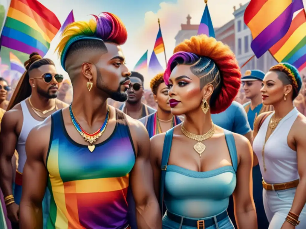 Una pintura acuarela detallada con orgullo y diversidad LGBTQ+, reflejando la influencia del arte LGBTQ+ en la sociedad