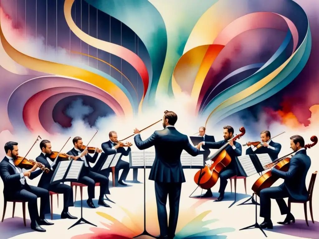 Pintura acuarela detallada de una orquesta con músicos de colores, el director rodeado de música