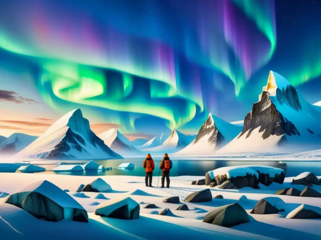 Una pintura detallada de paisaje ártico con auroras boreales y esculturas inuit modernas, legado arte inuit esculturas modernas