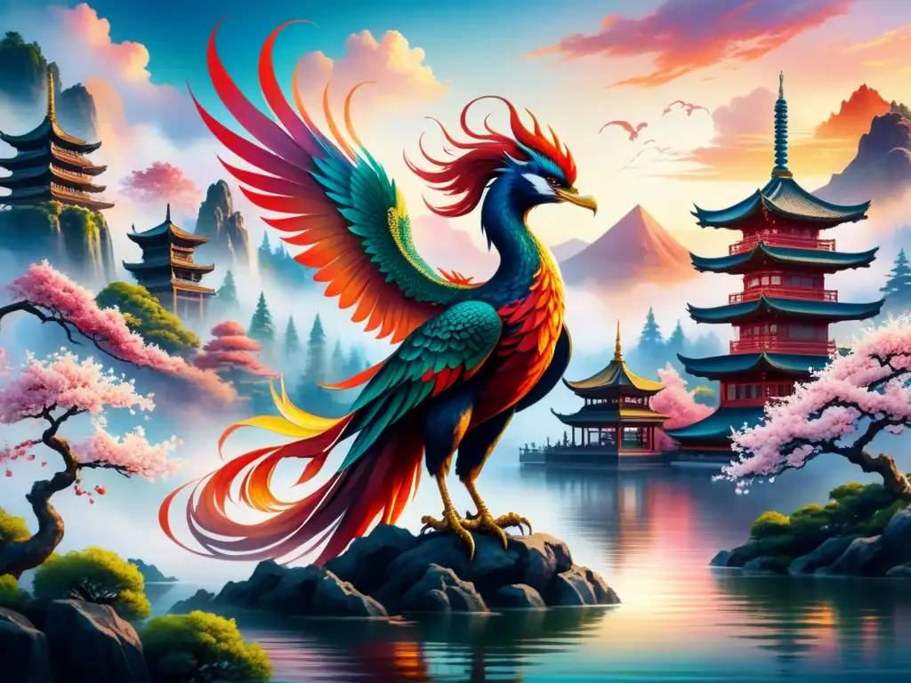 Fénix ardiente emerge en paisaje asiático místico Pintura acuarela detallada de un paisaje asiático místico con un fénix gigante y ardiente emergiendo de un lago tranquilo